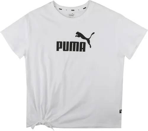 Image of PUMA ESS Logo Knotted Tee Girls Typography, Printed Cotton Blend Regular T Shirt