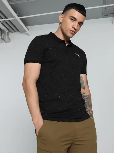 Image of PUMA Men Printed Polo Neck Cotton Blend Black T-Shirt