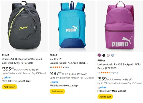 Image of PUMA unisex Backpacks Upto 78% Discount | Starting @ ₹393