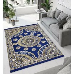 Purav Light Floral Design Cotton Carpet 5x7 feet for Living Room Bedroom Home Decor Carpets Mat (Navy Blue Color)