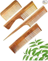 Pure Nature Neem Wood Hair Combs, Wide Tooth Detangling Set, 4 Pieces, Natural Hair Care