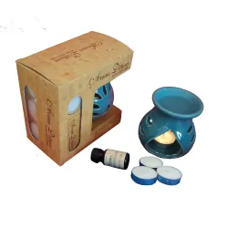Pure Source India Ceramic Aroma Gift Set with 10 Ml Ocean Breeze Aroma Oil and 4 Tea Candles (Blue)