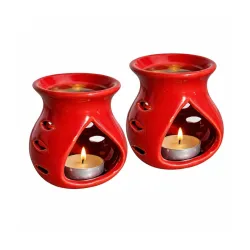 Pure Source India Ceramic Clay Oil Burner Aroma Diffuser (Red) -Set of 2