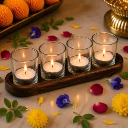 Pure Source India Glass Votive Tealight Candle Holders with Wooden Tray for Home Decore, Diwali Gifting, Living Room (Clear)