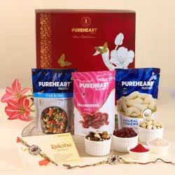 PUREHEART 6-Item Rakhi Gift Hamper for Brother - Natural Cashews, Fruit & Nut Mix & Cranberries (80g Each), Floral Rakhi, Gift Card, Pooja Rice & Kumkum | Premium Dry Fruits & Nuts Rakhi Gif...