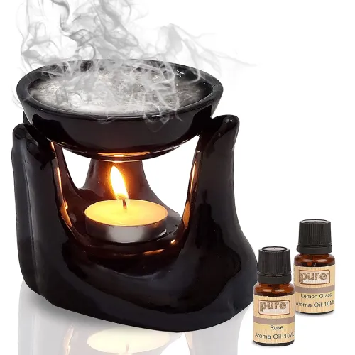 Image of Pure Source India Ceramic Hand Type Aroma Diffuser Oil Burner with Lemon Grass & Rose Oil 10ml Each (Black)