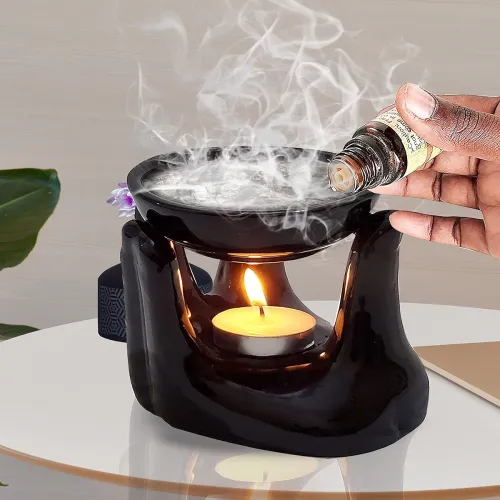Image of Pure Source India Ceramic Hand Type Aroma Diffuser Oil Burner with Rose Oil 10ml (Black)