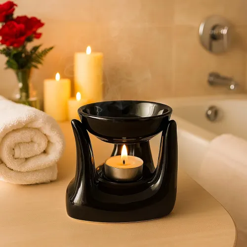 Image of Pure Source India Ceramic Aroma Oil Burner with Tealight Holder – Hand Shaped Essential Oil Diffuser for Home Fragrance,