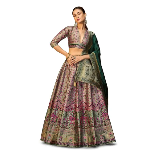 Image of PURVAJA Women's Kanjiwaram Semi-Stitched Lehenga Choli