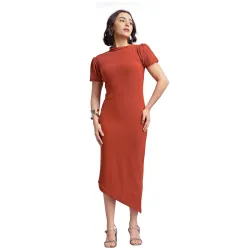 PURVAJA Womens Bodycon Midi Short Sleeve High Neck Solid Dress