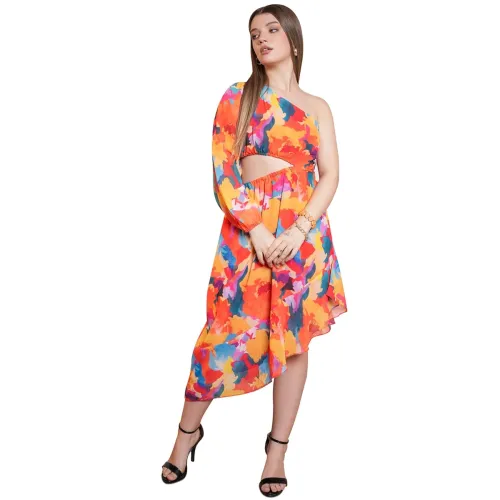 Image of PURVAJA Women’s One Shoulder Below Knee Length Dress