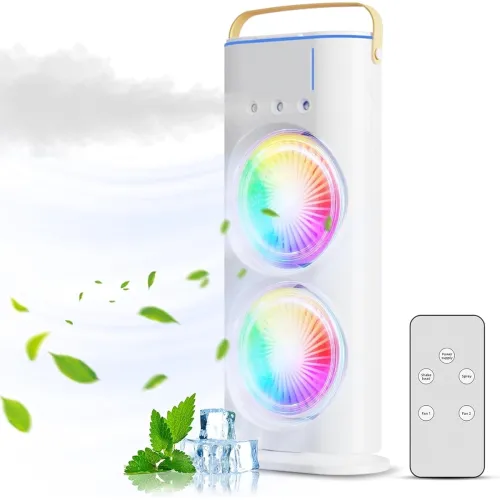 Image of PYXBE 4000mAh Double Ended Spray Fan, Cold Air, 2025 New Desktop Table Fan USB Rechargeable with LED Light Cooler, Tower