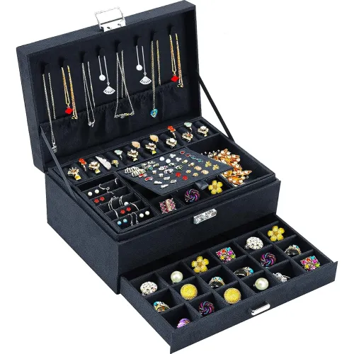 Image of QBestry Jewelry Boxes for Women Black Velvet Jewelry Organizer with Lock, Teen and Storage Earring and Necklace Holder O