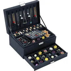 QBestry Jewelry Boxes for Women Black Velvet Jewelry Organizer with Lock, Teen and Storage Earring and Necklace Holder O