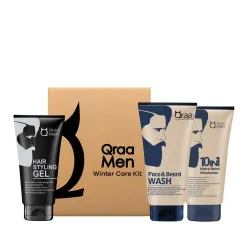 Qraa Men Winter Care Kit (Value Pack) for Glowing & Moisturised Skin | Ideal Gift Set for Men (Face and Beard Wash, 10 in 1 Hydra Moisturizer, Hair Styling Gel ) 100gm X3 | Pack of 3