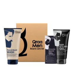 Qraa Beard Care Kit for Men | Beard Oil for Growth & Nourishment, Face & Beard Wash for Deep Cleansing, Hair Styling Gel for Strong Hold | Suitable for All Skin & Hair Types | Set of 3