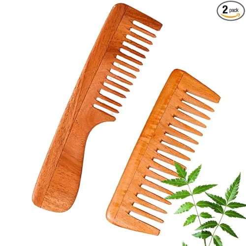 Image of QS Collections Neem Wooden Comb Set for Women & Men | Wide Teeth Handle Comb + Shampoo Comb