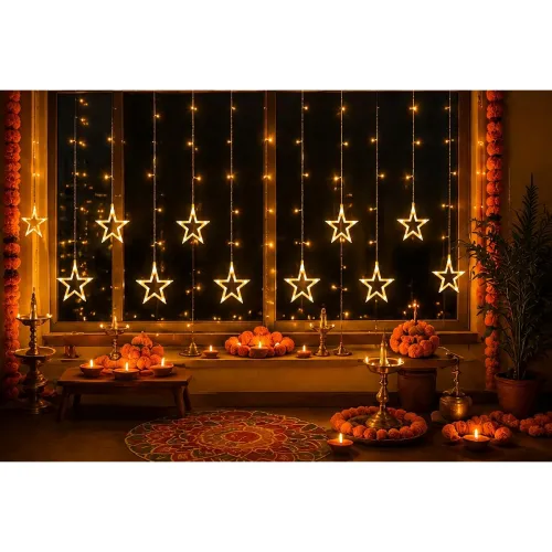 Image of Quace 12 Star Curtain String Lights for Decoration, Warm White LED Curtain Lights with 8 Lighting Modes, Window Fairy Li
