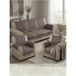 Quilted Sofa Cover Set Grey with Golden Geometric Motifs