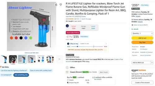 Image of R H LIFESTYLE Lighter for crackers, Blow Torch Jet Flame Butane Gas