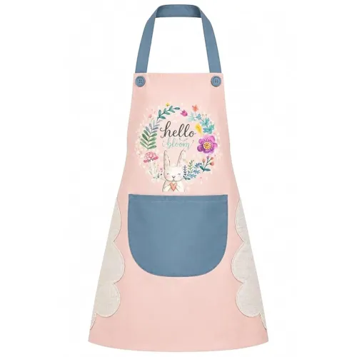 Image of Rabbit Floral Kitchen Apron with Side Hand Wipes and Front Pocket