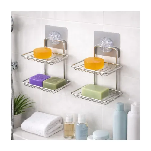 Image of RACKORA Wall Mounted Double Layer soap Dish Holder Stainless Steel Wall Hanging Soap Storage Rack for Kitchen Bathroom-w