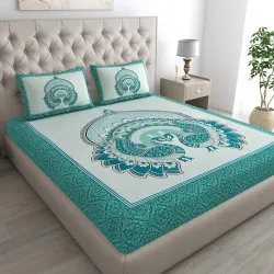 Rajasthani Jaipuri Sanganeri Printed 144 TC 100% Cotton Bed Sheet Set for Double Bed,Double Peacock Pattern, Double Bedsheet Cotton with 2 Pillow Covers