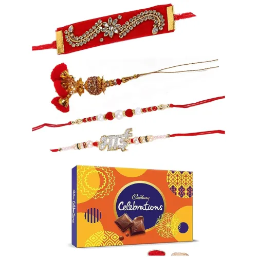 Image of Rakhi with Gift for Brother with Chocolate Box Combo cadbury Celebration Pack with Premium 4 Rakhis for Brothers Combo