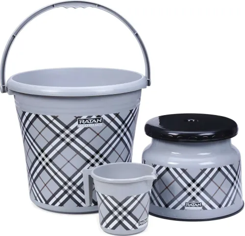 Image of RATAN Frosty Checks Grey Bathroom Set (Pack of 3: Bucket, Mug, Stool, 25L)
