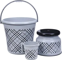 RATAN Frosty Checks Grey Bathroom Set (Pack of 3: Bucket, Mug, Stool, 25L)