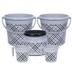 RATAN PLASTICWARE Pack of 5 Bathroom Full Set Combo (16L Bucket X 2 / 1L Mug X 2 / Nova Patla Stool 107 X 1) - Bath Sets for Home, Kitchen- Frosty Checks Print Grey