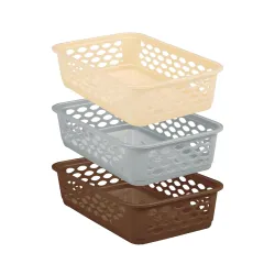 RATAN PLASTICWARE Diana Tray Rectangular-Medium (Pack of 3) Plastic Storage for Desk Basket/Organizers for Stationery, Jewellery, Tools,Kitchen, Office-Lt Brown, Daiso Grey, Twist Beige