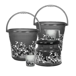 Click to enlarge RATAN PLASTICWARE Plastic Bathroom Set of 5 Combo Set for Home, Hotel, Hostel Bubble Print, Smokey (20L Bucket X 2/1.5L Mug X 2 / Nova Patla Stool 107 X 1)