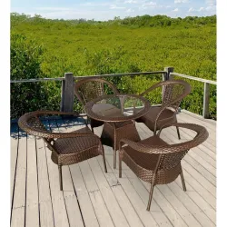 Rattan India Patio Seating 4 Chair and 1 Table Set with Glass Wicker Furniture Set for Balcony Outdoor Patio Indoor Living Room, Powder Coated Frame UV Protected Wicker (Dark Brown)