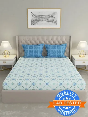 Image of Raymond Home Cotton Double Flat 144 TC Geometric 1 Bedsheet with 2 Pillow Covers (Blue)
