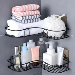 RAYMOX Wall Mounted Self-Adhesive Bathroom Corner Shelf/Kitchen Rack & Holder - Bathroom Accessories (Material-GI Metal, Powder Coated Finish, Black)