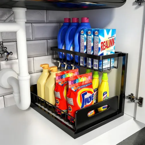Image of REALINN Under Sink Organizer, L-Shaped Pull Out Cabinet Organizer, Kitchen