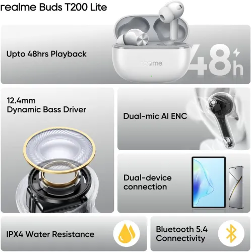 Image of realme Buds T200 Lite with 12.4mm Driver, 48hrs Playback, AI ENC & Dual-Device Pairing Bluetooth