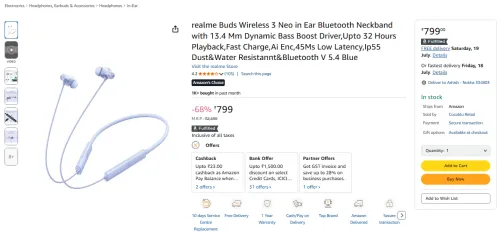 Image of realme Buds Wireless 3 Neo in Ear Bluetooth Neckband