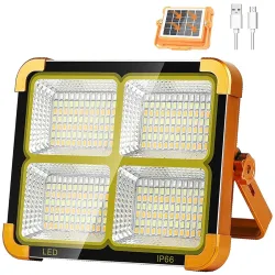 Solar Rechargeable LED Flood Light, Portable Camping Work Light with Solar Panel & USB Charging, 5 Lighting Modes, Adjustable Stand , Fishing, Hiking, Hurricane & Power Cut