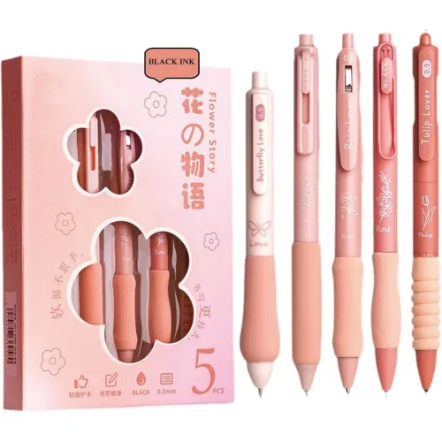 Image of RECLUSE Flower Theme 5 Pcs Gel Pens, Quick Dry black Ink Pen Fine Point 0.5mm, Aesthetic Stuff Retractable Rolling Ball 