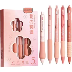 RECLUSE Flower Theme 5 Pcs Gel Pens, Quick Dry black Ink Pen Fine Point 0.5mm, Aesthetic Stuff Retractable Rolling Ball 