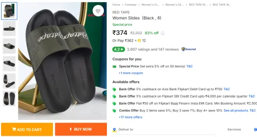 Image of RED TAPE  Women Slides  (Black 6)