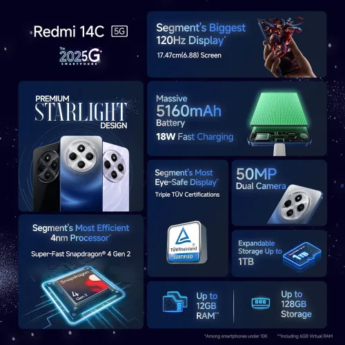 Image of Redmi 14C 5G (Stargaze Black, 4GB RAM, 128GB Storage) | Superfast 4nm Snapdragon 4 Gen 2 | 