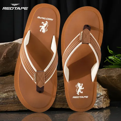 Image of REDTAPE Men Flip Flops (Tan, Off White , 11)