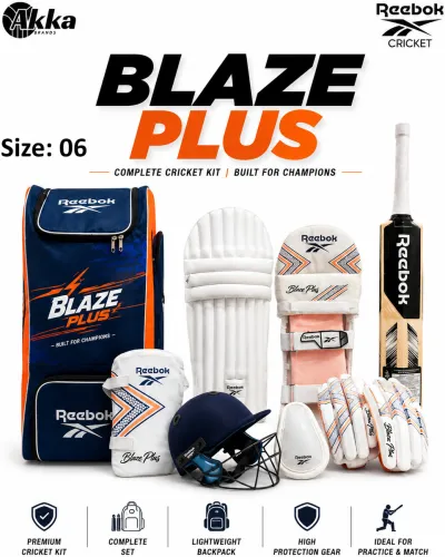 Image of REEBOK Blaze Plus Cricket Kit KW Bat Helmet Leg guards Gloves Kitbag Boys