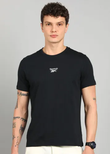 Image of REEBOK Men Solid Round Neck Cotton Blend Black T-Shirt