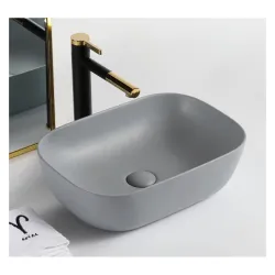 REMOTION Ceramic Table Top Bathroom Sink | Countertop Vessel Sink | Wash Basin Over Counter For Bathroom, Hotel, Living Room (18 x 13 x 5.5 Inch)(Matte Grey)