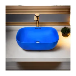 REMOTION Wash Basin Countertop | Tabletop Ceramic Bathroom Sink | Wash Basin Over Counter | Wash Basin For Bathroom (18 x 13 x 5.5 Inch) (Matte Blue)