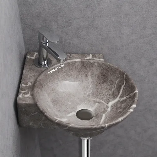 Image of REMOTION Wall Mounted Ceramic Round Corner Wash Basin Grey